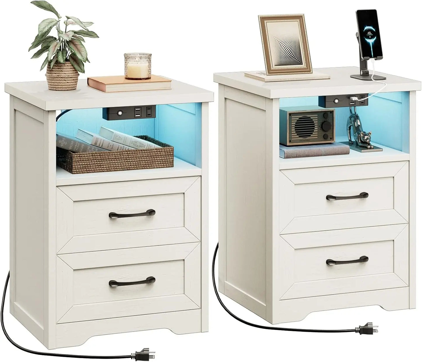 Farmhouse Nightstand Set of 2 With LED Lights and USB