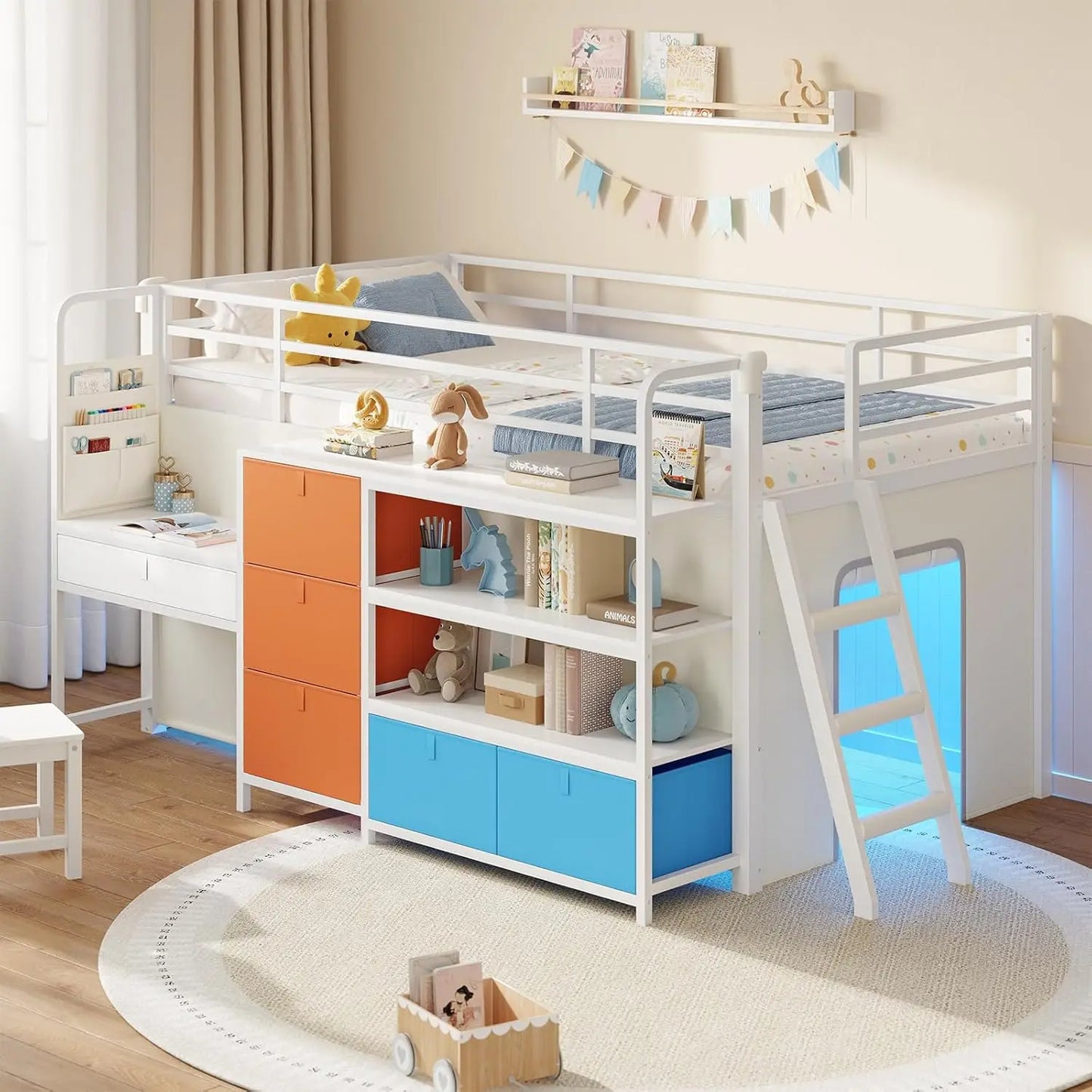 Kids Low Loft Bed With Desk Led Lights Storage Drawers