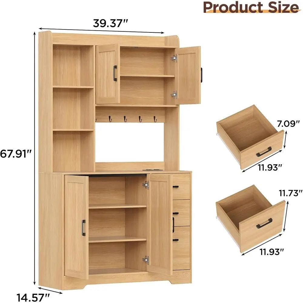 68 Tall Pantry Cabinet with Charging Station, 3 Drawers, 2 Cabinets, Open Shelves, Wood Hutch for Kitchen, Dining, or Living Roo