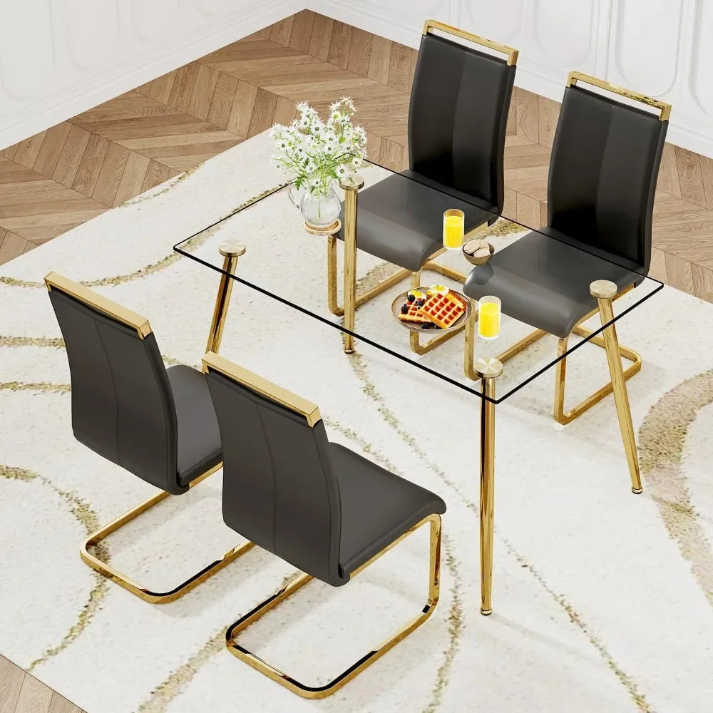 5 Piece Dining Set With Tempered Glass Table PU Chairs