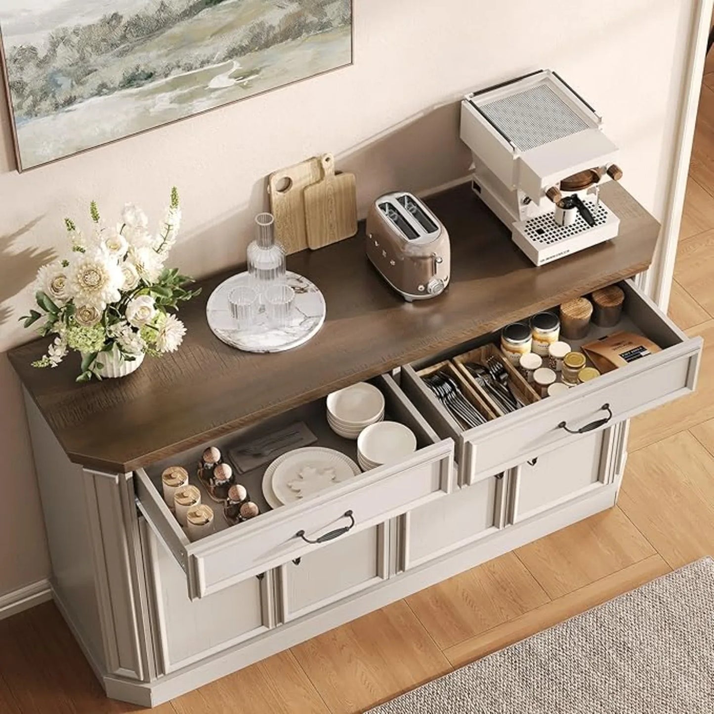 55" Sideboard Buet Cabinet with 2 Storage Ders & 4 Do, ern Kitchen Sideboards and Buets with Adjustable Shelves, Wood Coee Bar C