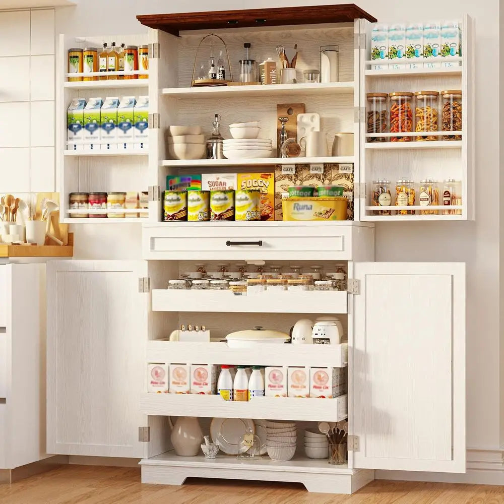 72 Tall Kitchen Storage Cabinet with Sliding Rack and 6 Hanging Shelves, White