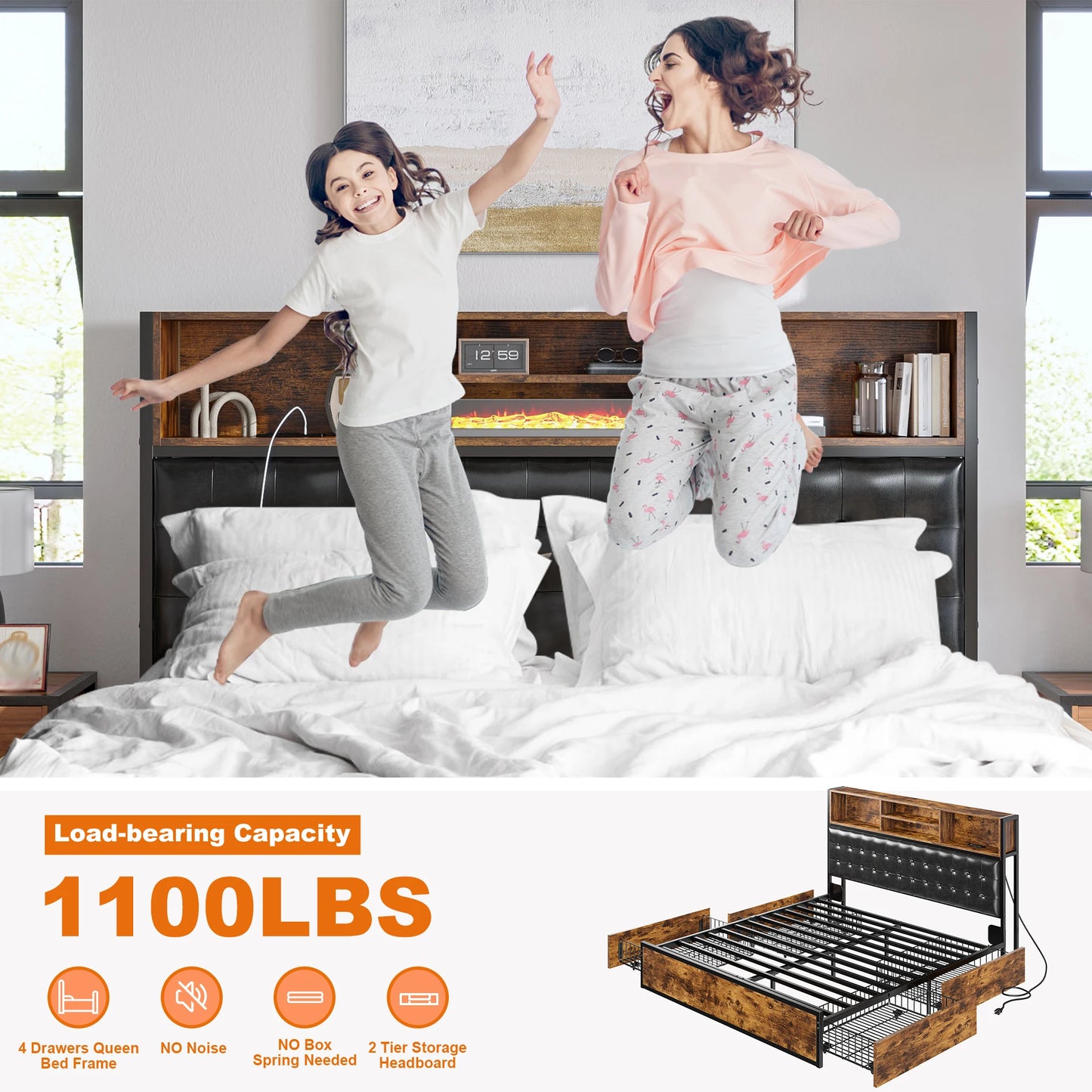 EnHomee Upholstered Platform Bed Frame With Charging Station And Storage Drawers