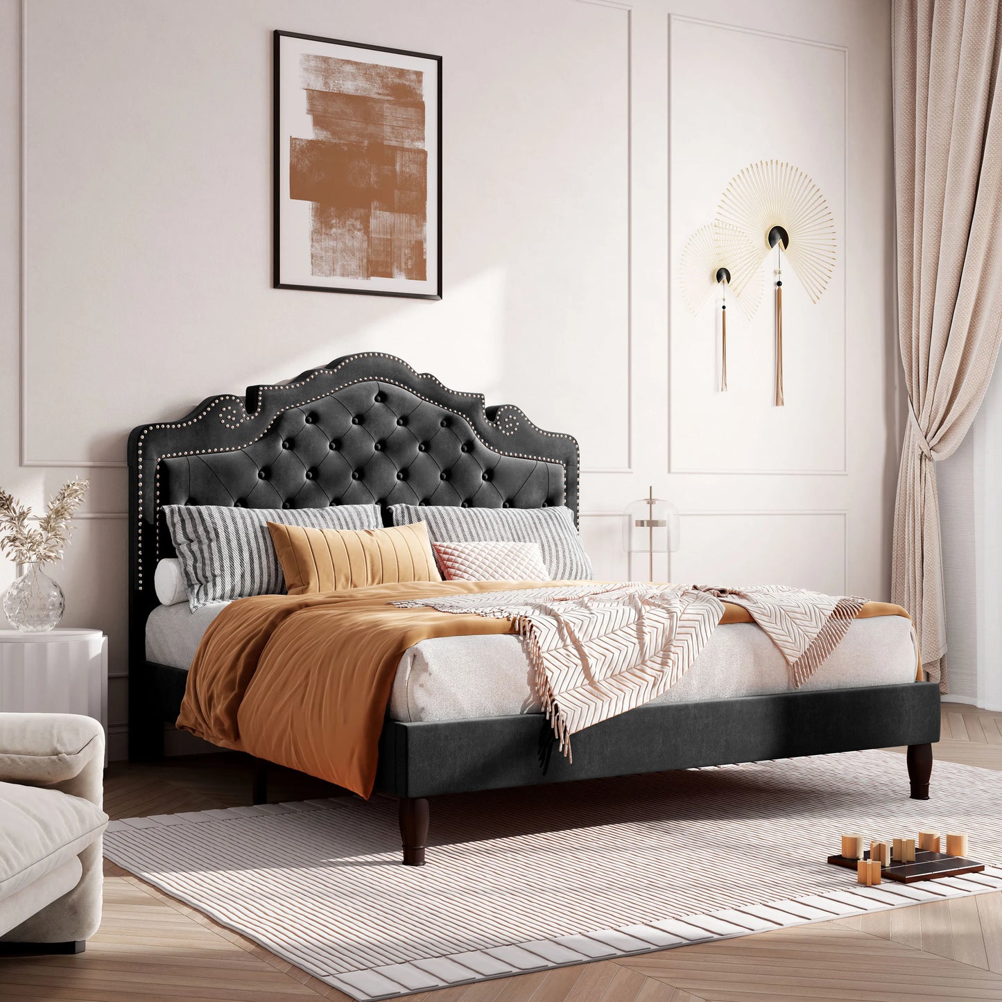 Hoomic Adjustable Velvet Tiara Headboard Bed Frame With Diamond Button Tufting