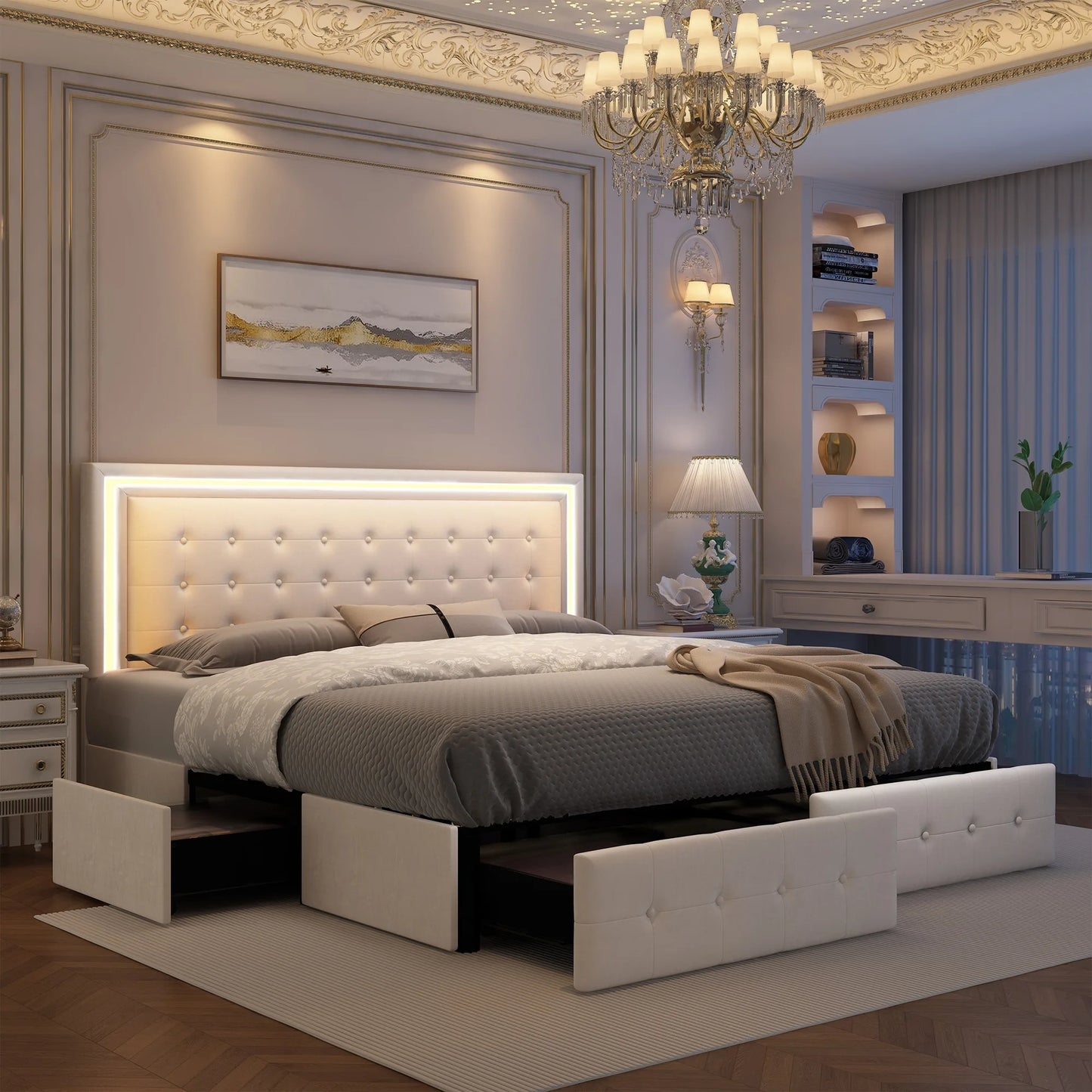 GEGOFORU LED Bed Frame With 4 Storage Drawers RGBW Headboard