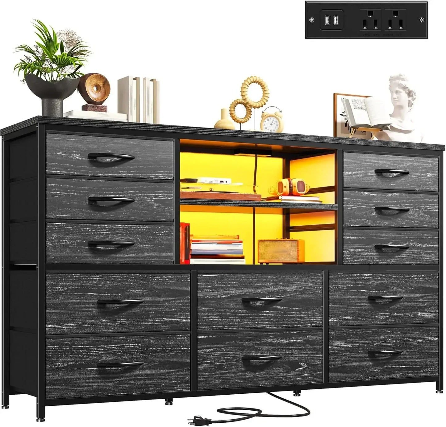 LED Light & Power Outlet Equipped 12-Drawer Dresser TV Stand for 60'' TV Bedroom Fabric Dressers  Chest for Storage Customized