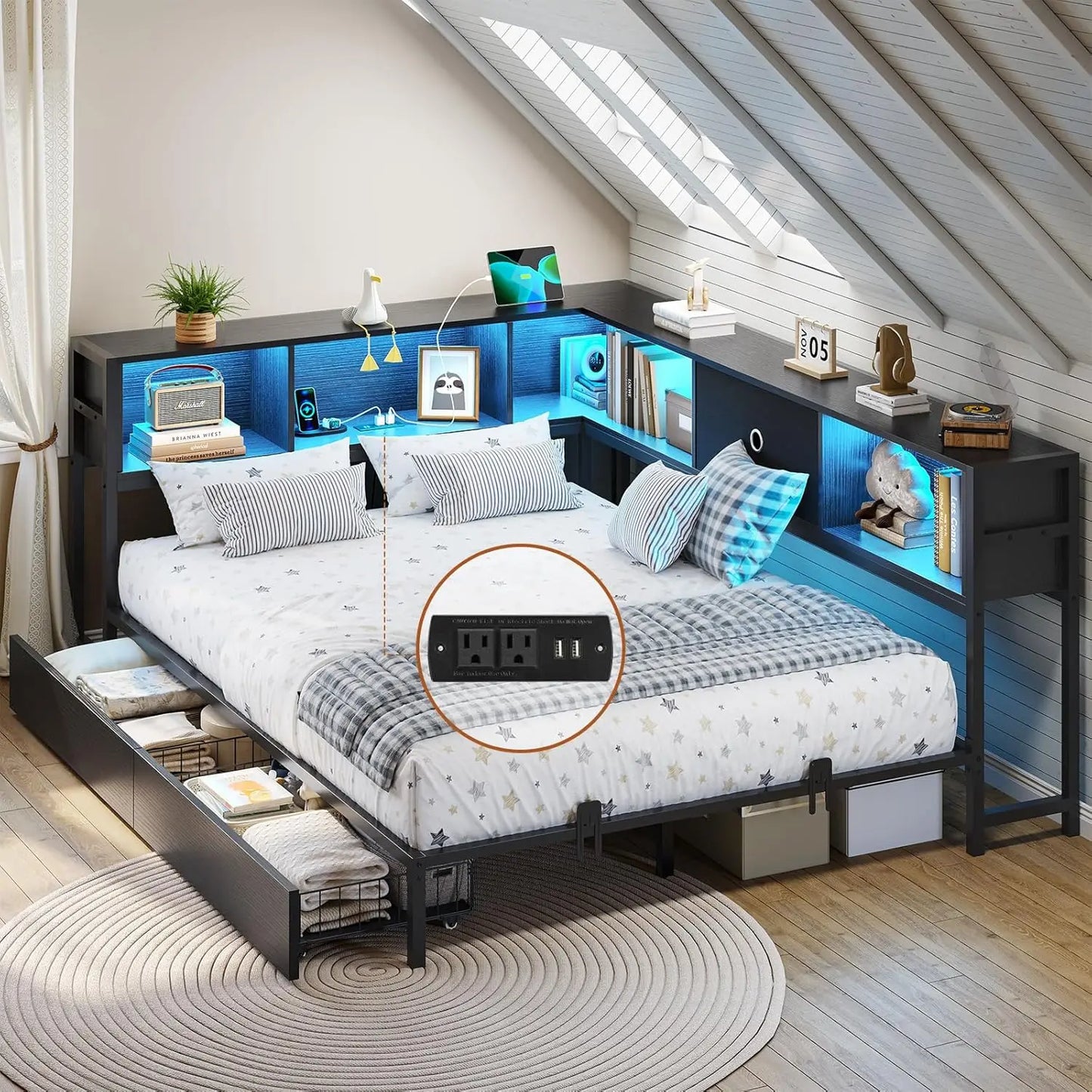 Corner Full Bed Frame With LED Bookcase And Charging Station Daybed