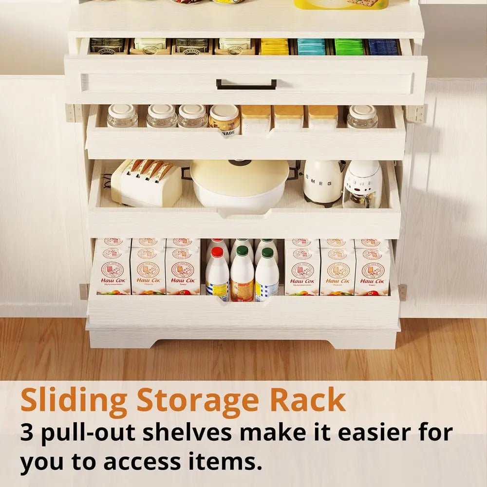 72 Tall Kitchen Storage Cabinet with Sliding Rack and 6 Hanging Shelves, White