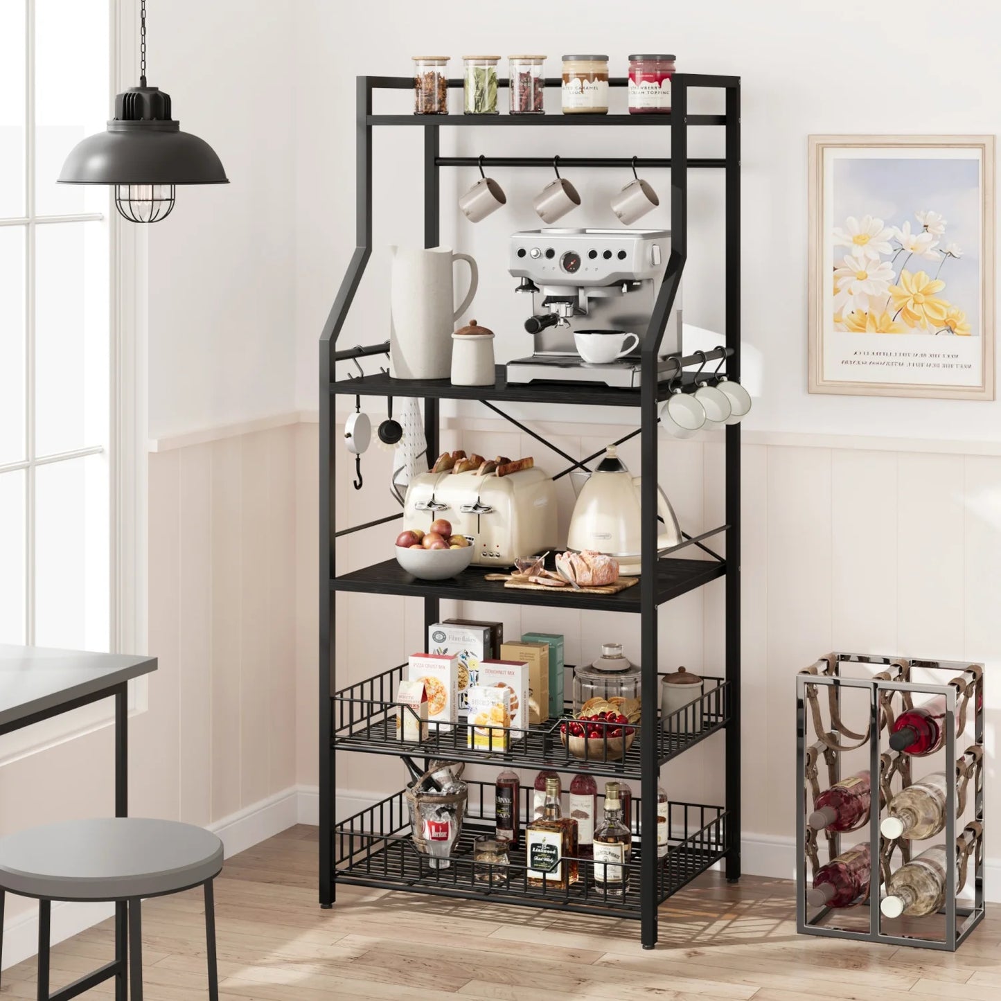 HiMISS Kitchen Bakers Rack Microwave Stand With Wire Baskets