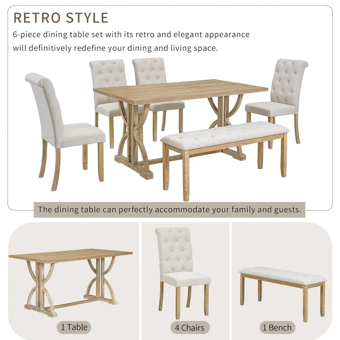 Solid Wood Dining Table Set for Six Bench and Chairs