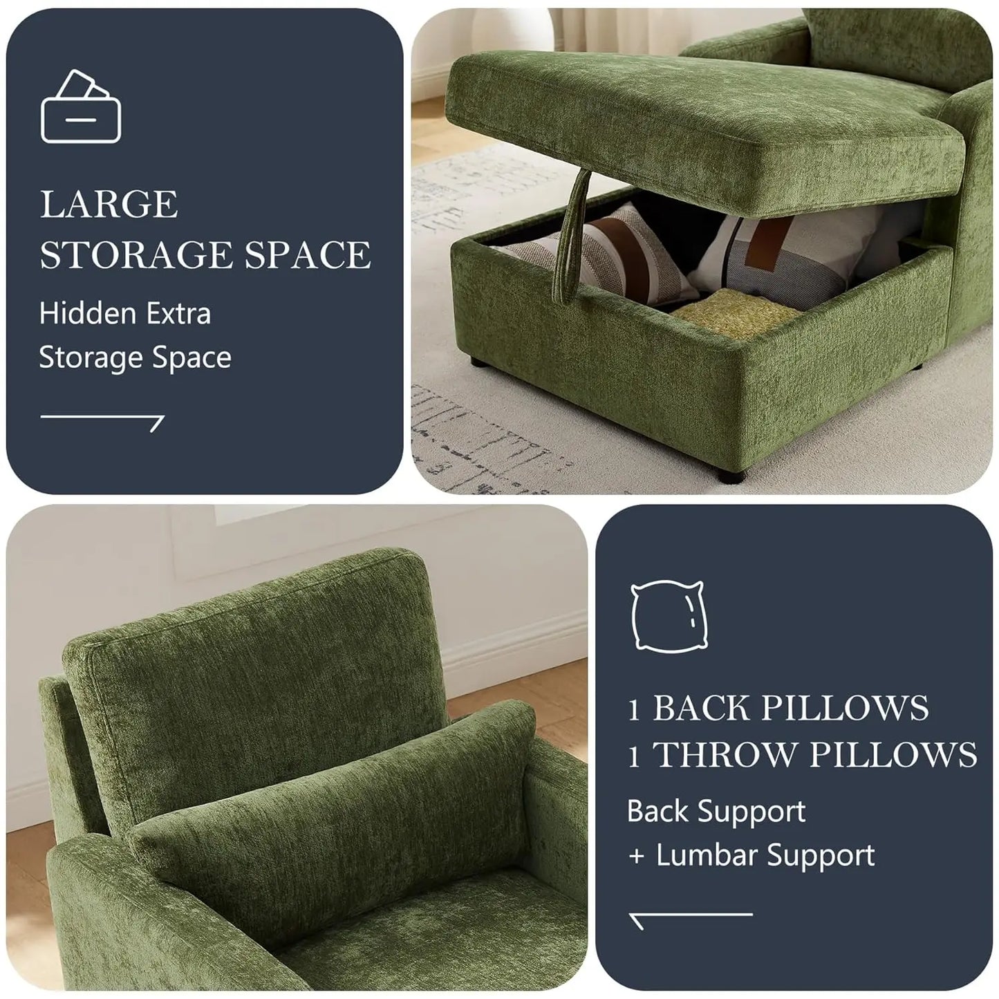 Chenille Chaise Lounge Chair Indoor With Adjustable Backrest And Storage