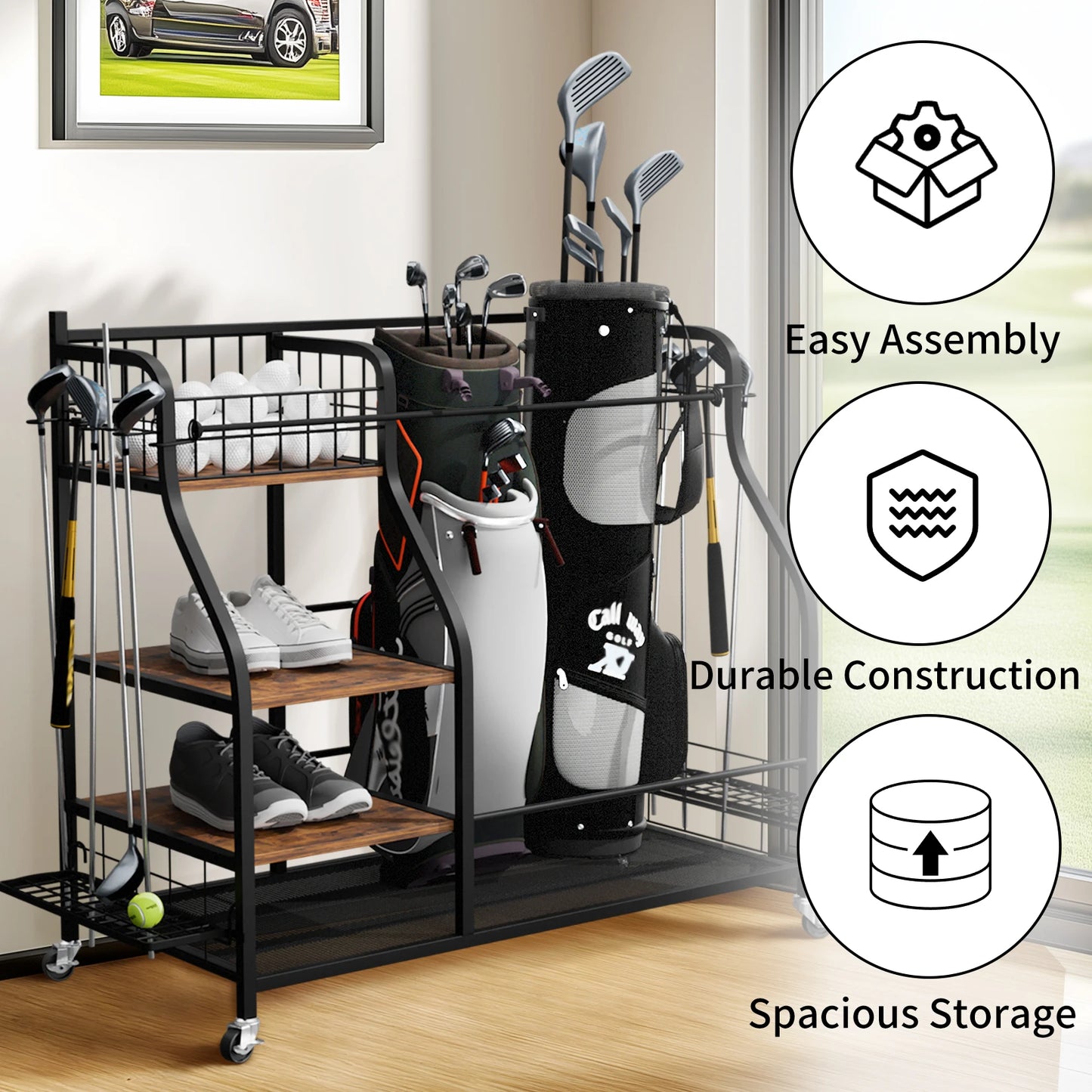 Three Tier Metal Rolling Golf Bags Storage Organizer Rack With Wheels