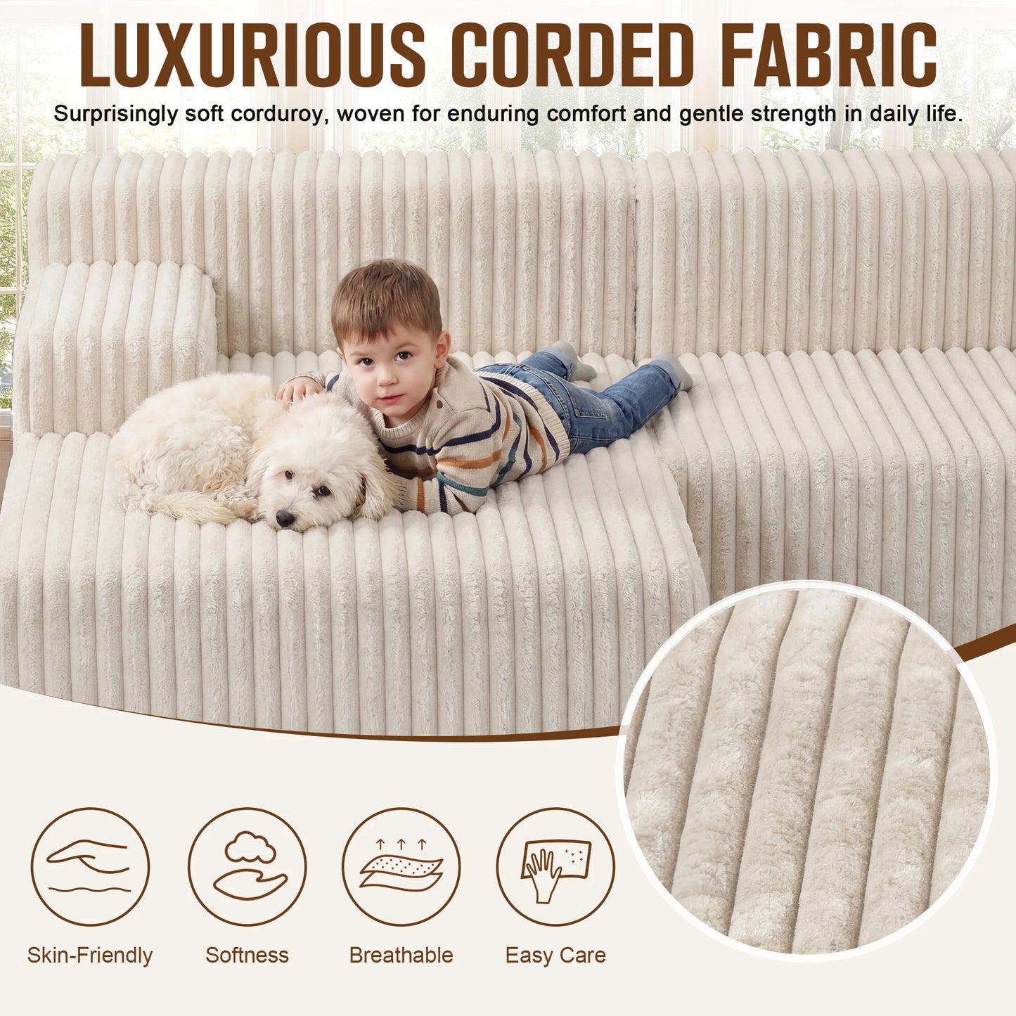 Redlife L Shape Corduroy Sectional Sofa Cloud Like Couch