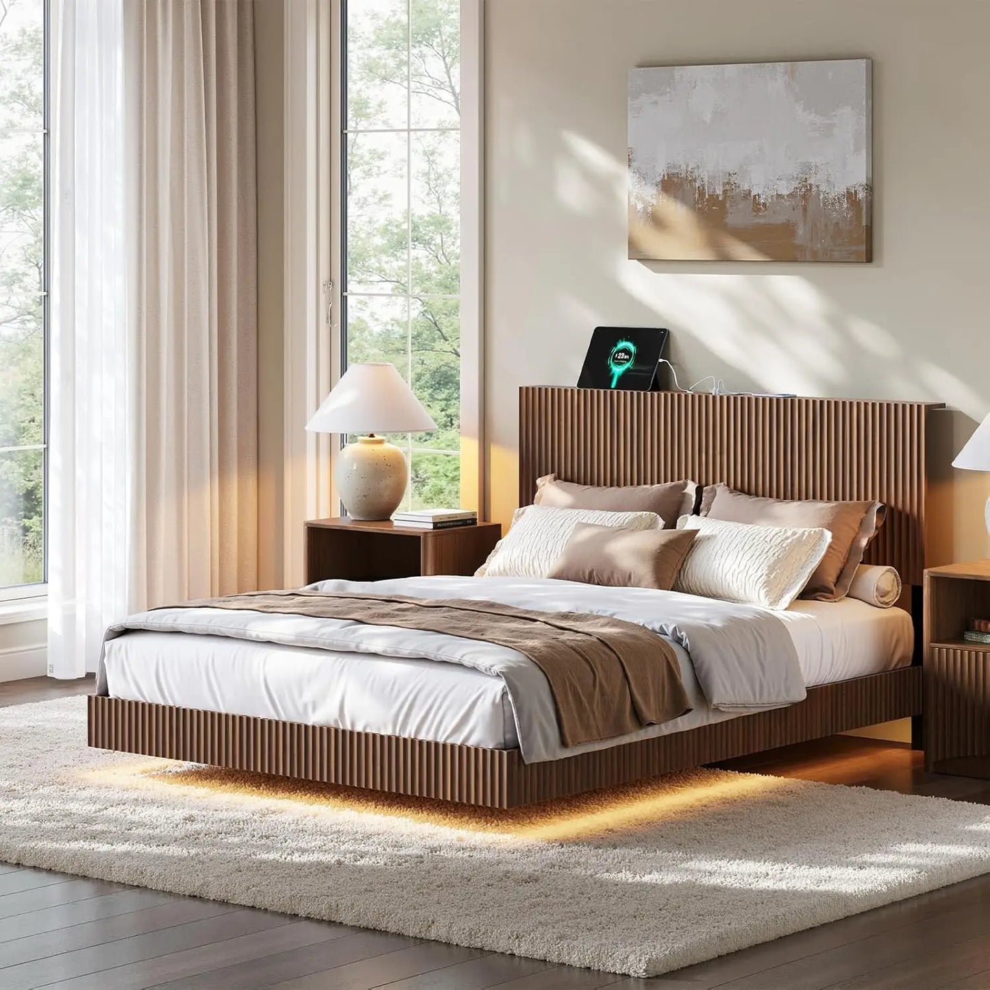 Walnut Floating Bed Frame With Headboard And LED Lights
