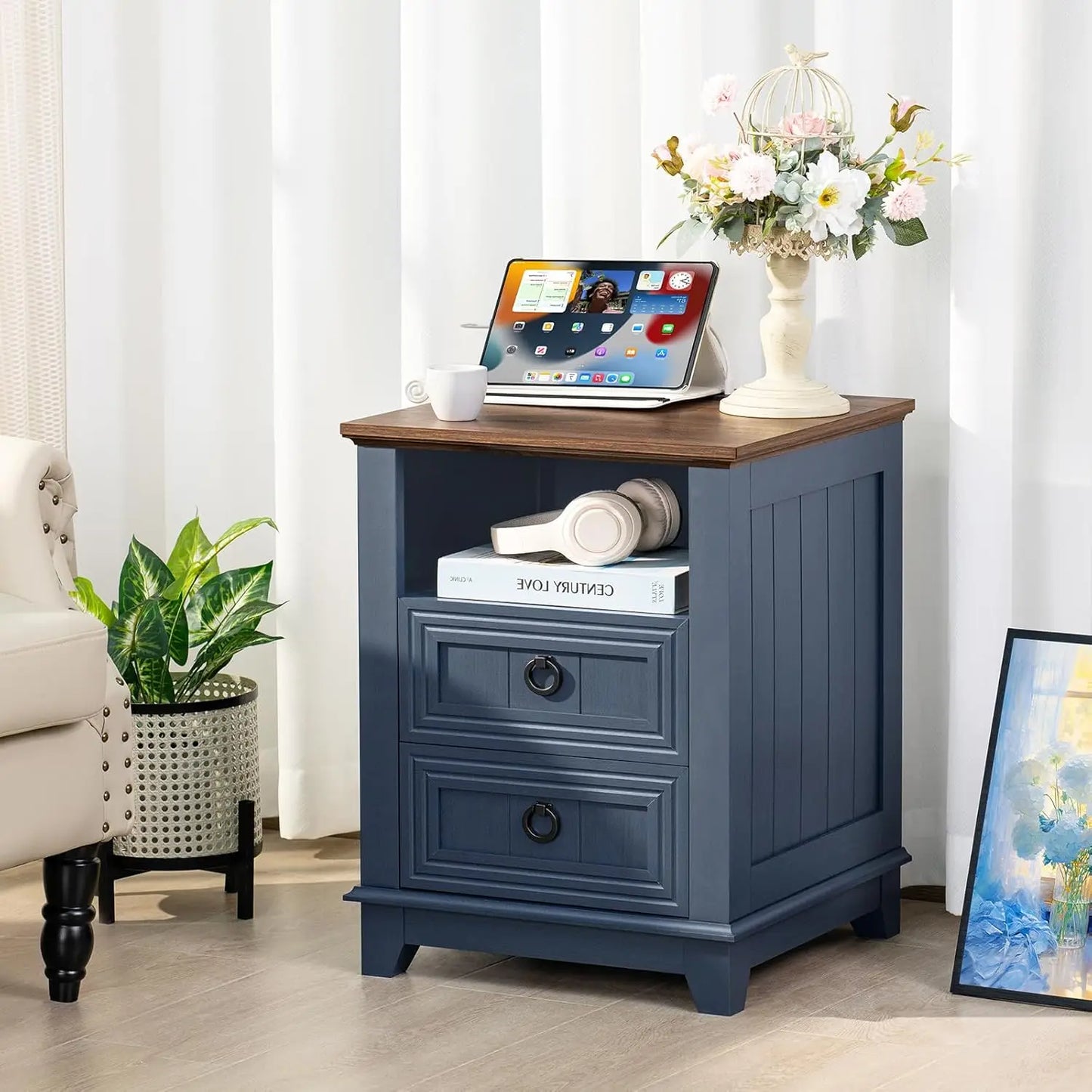 Farmhouse Night Stands Set 2 With Charging Station And Drawers