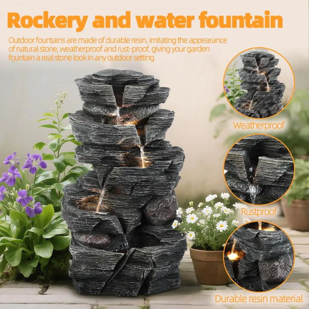 Cascading Rock Water Fountain With LED Outdoor Garden Decoration