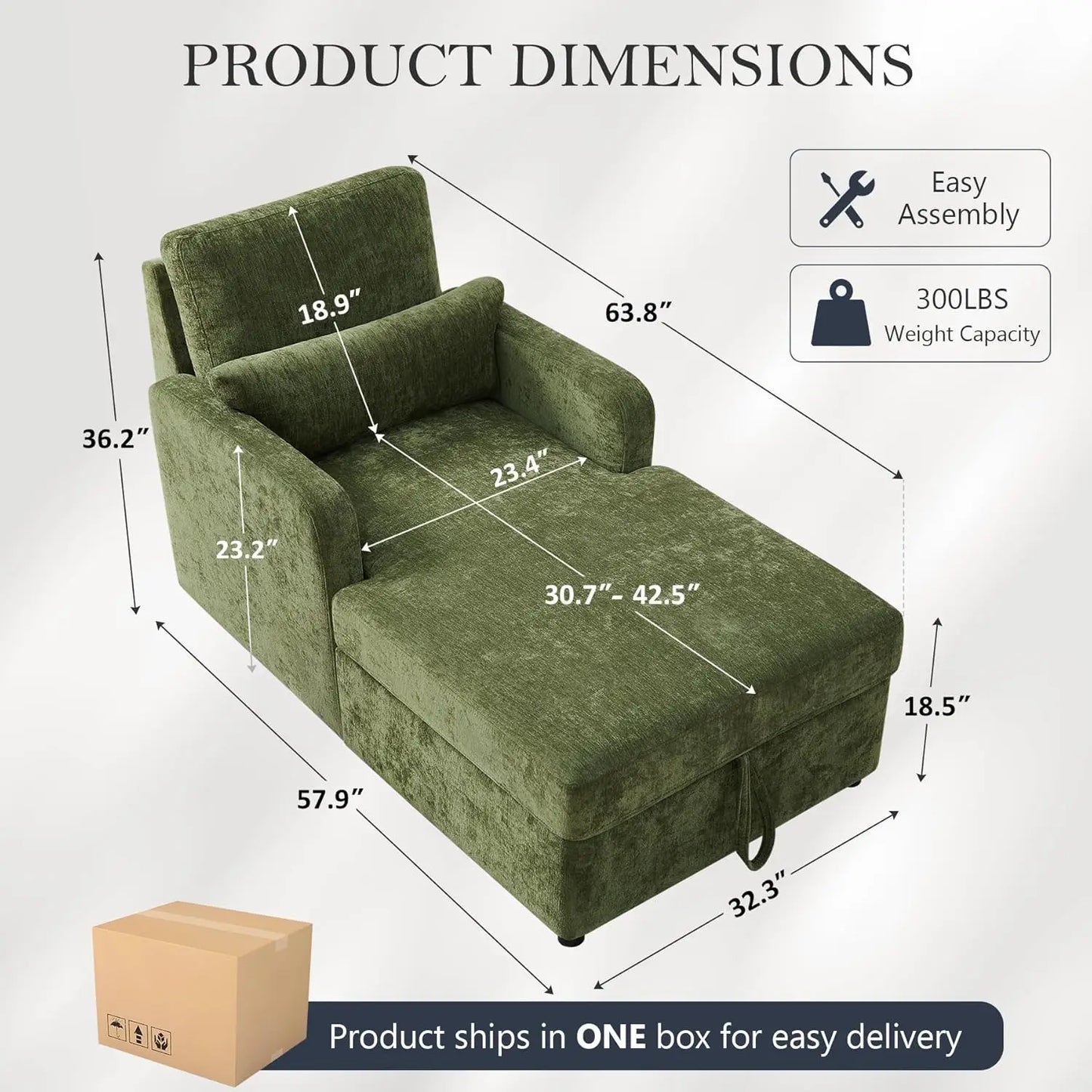 Chenille Chaise Lounge Chair Indoor With Adjustable Backrest And Storage