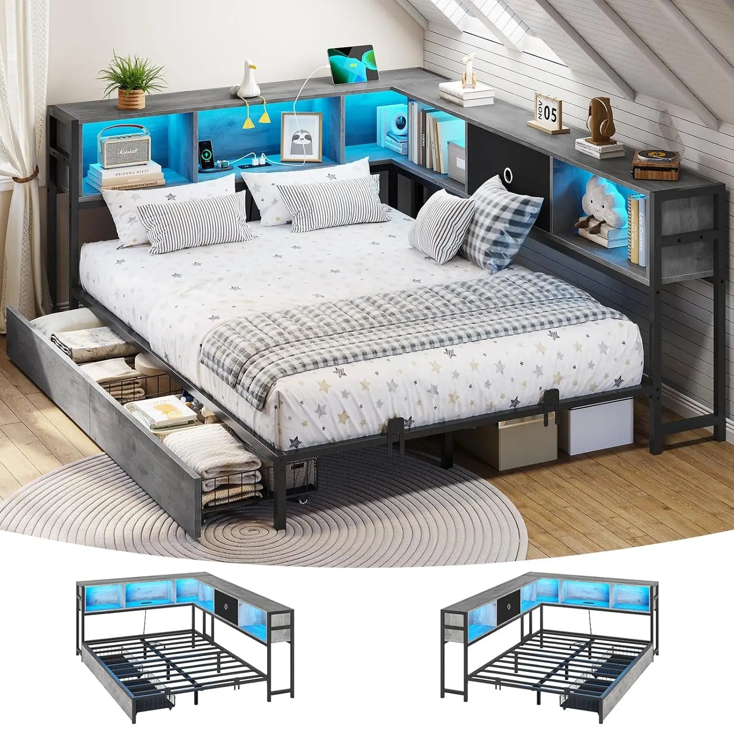 Corner Full Bed Frame With LED Bookcase And Charging Station Daybed