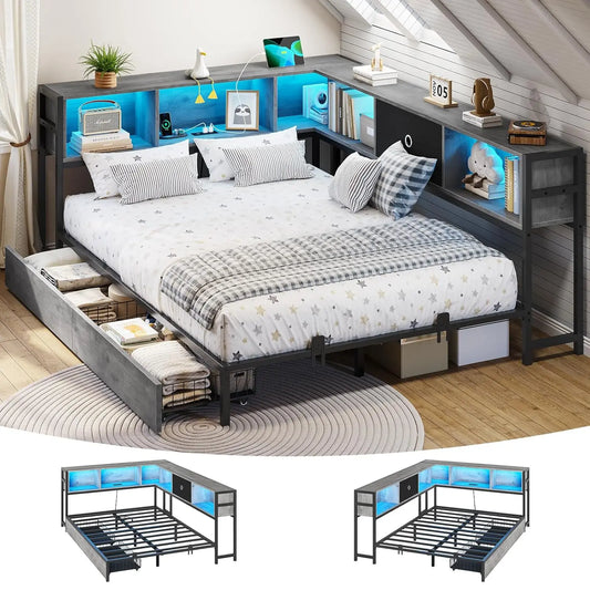 Corner Full Bed Frame With LED Bookcase And Charging Station Daybed