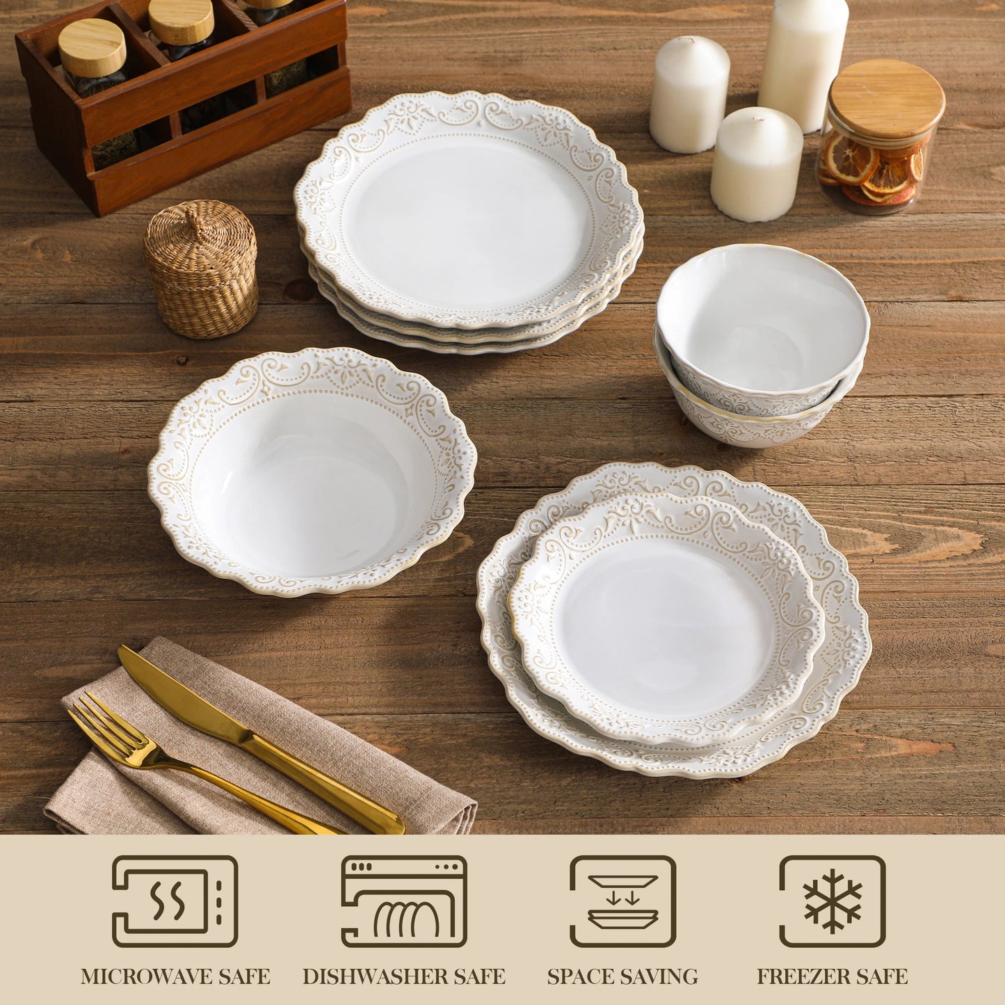 MALACASA Relief Stoneware Dinnerware Set For Everyday Use