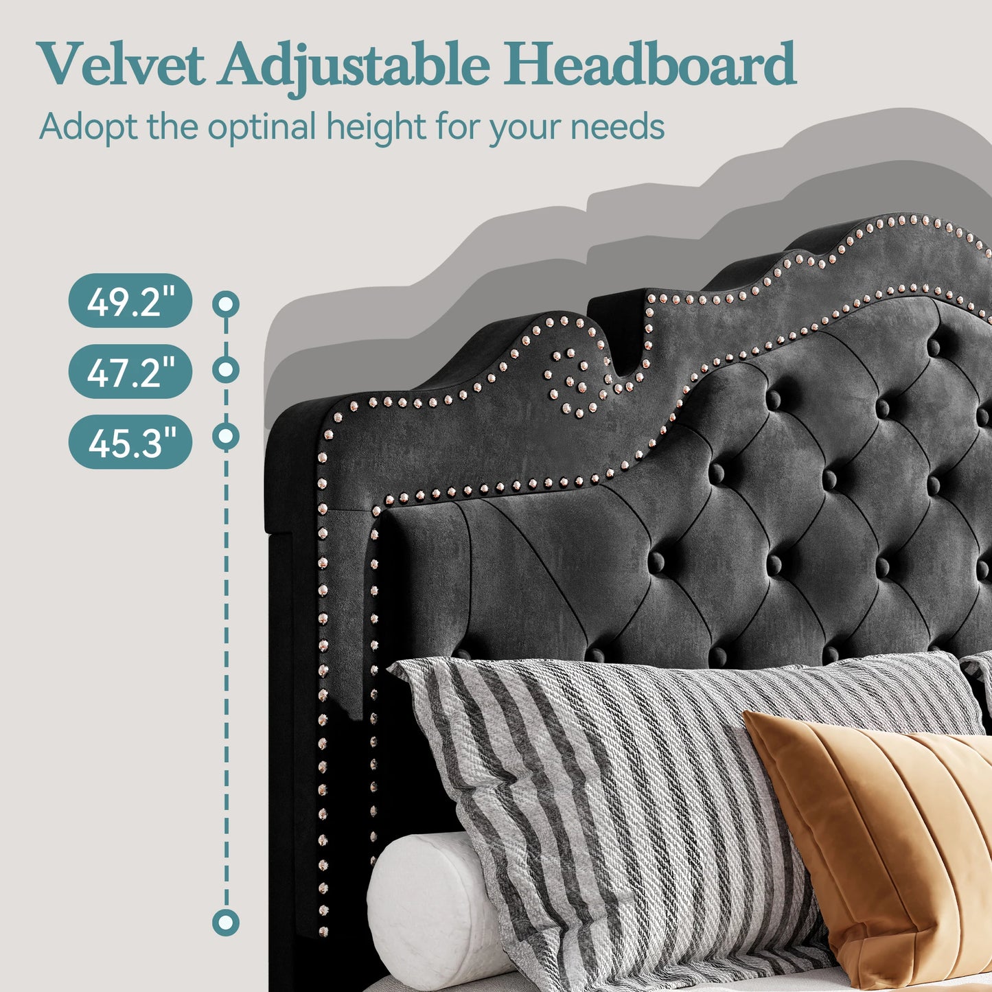 Hoomic Adjustable Velvet Tiara Headboard Bed Frame With Diamond Button Tufting