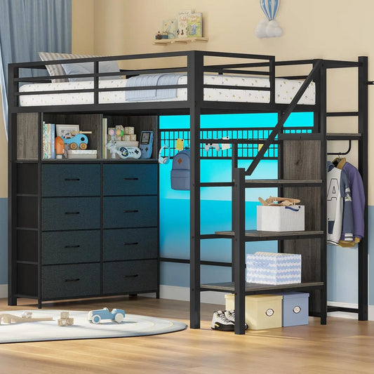 Metal Loft Bed With Storage Stairs LED Lights And Shelves