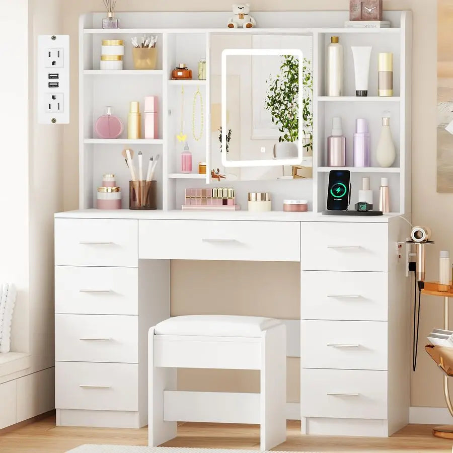 Makeup Vanity Desk With Mirror Lights And Hidden Jewelry Storage
