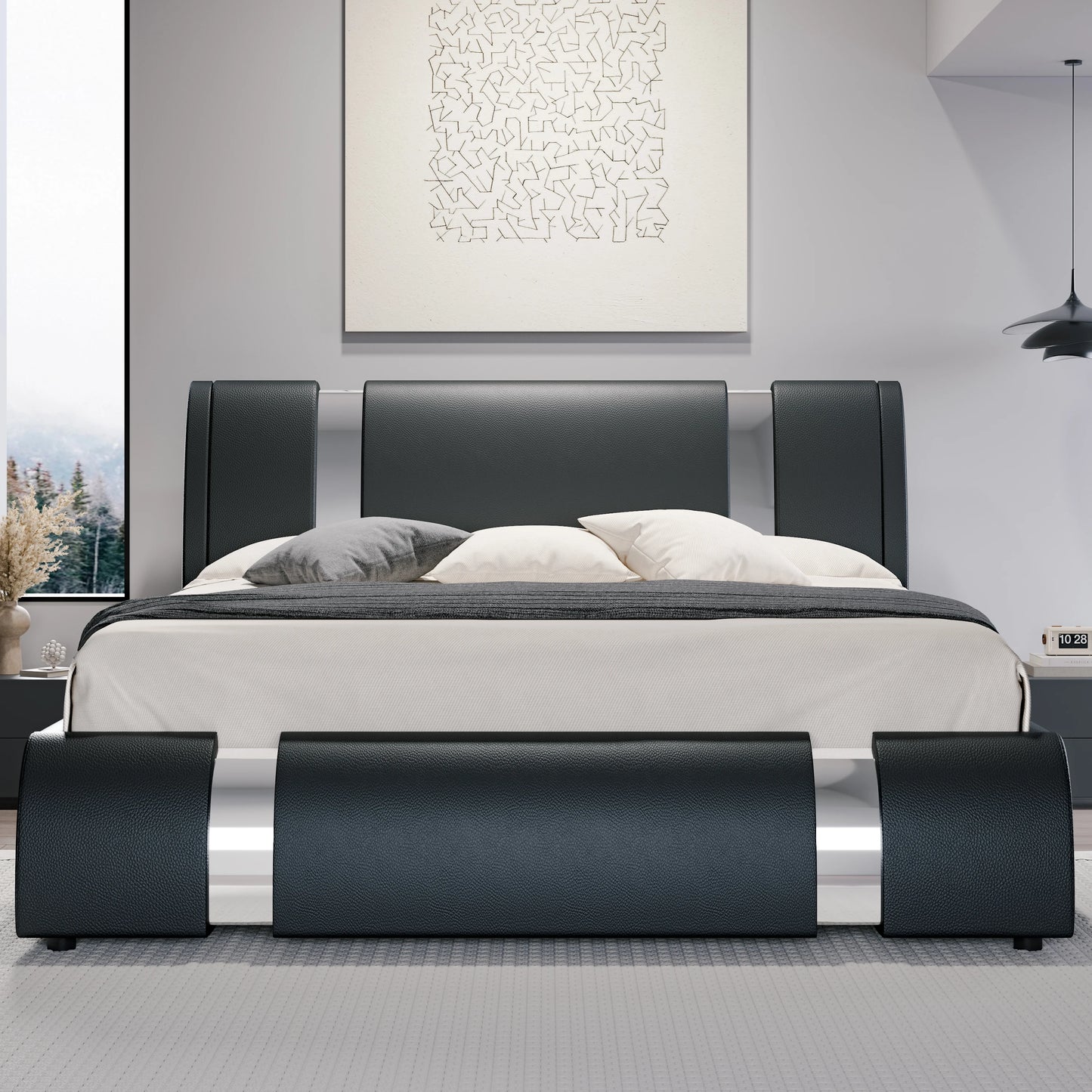 HOOMIC Modern Faux Leather Bed Frame With Iron Accents