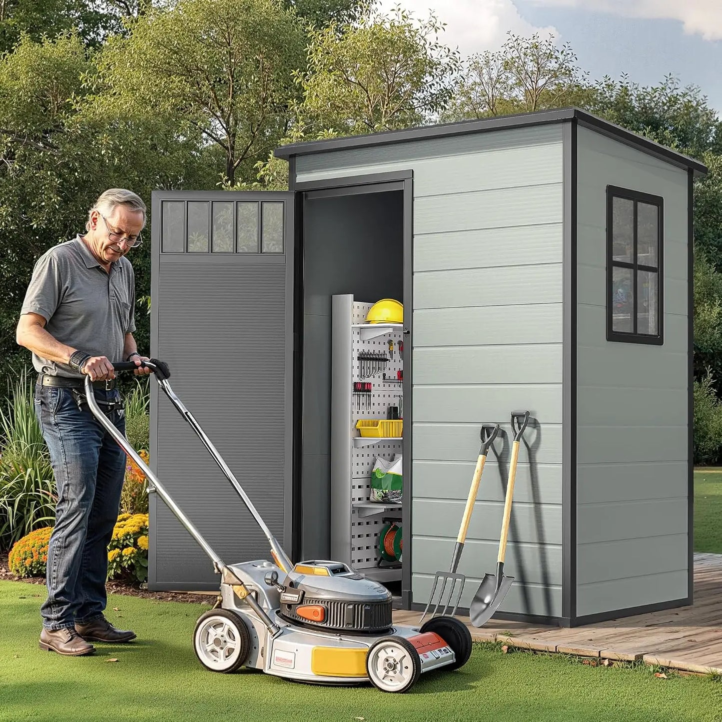 Outdoor Storage Shed With Fence Style And Side Windows Lockable Doors