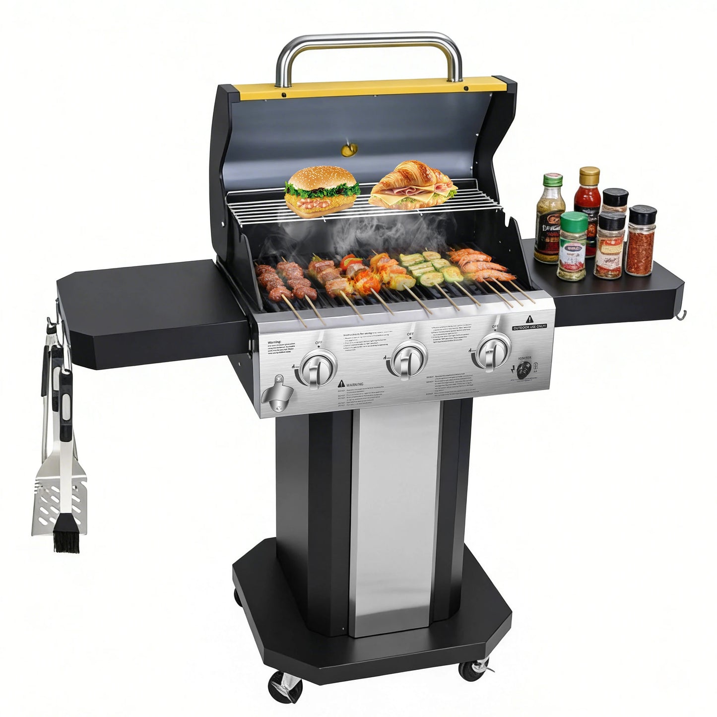 3-Burner Propane Gas Grill With Warming Rack And Wheels