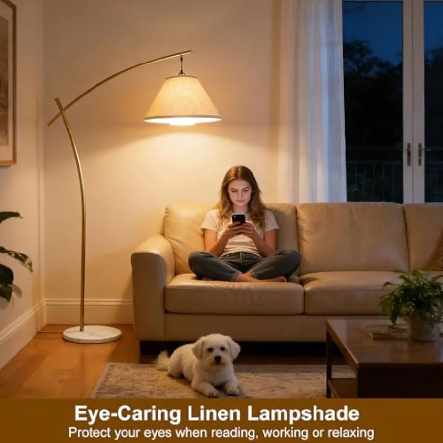 Arc Floor Lamp For Living Room With Double Linen Shade