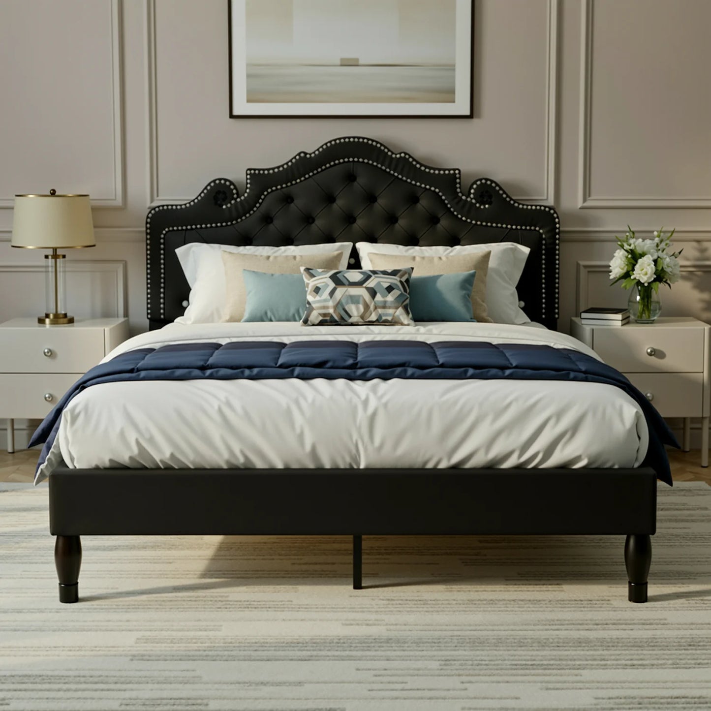 HOOMIC Velvet Bed Frame With Adjustable Diamond Tufted Tiara Headboard