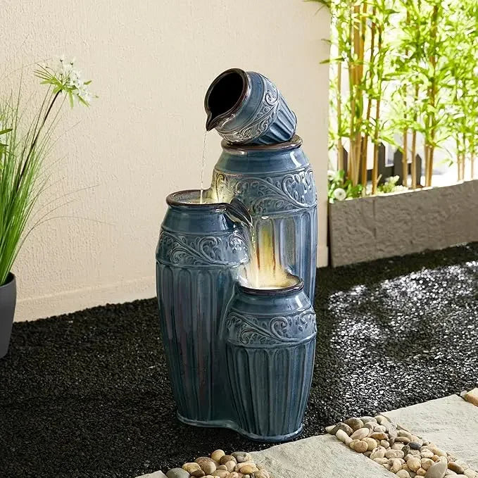 Outdoor Ceramic Fountain With LED Lights And Water Pump