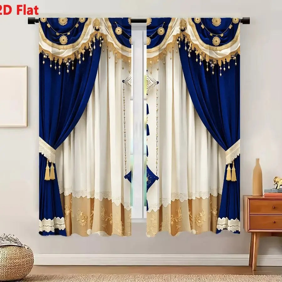 2Pcs Curtains Add 2D Flat Opulent Royal Blue Velvet Curtains With Gold Trim Cream Sheer Panels Ornate Tassels Window Drapes for