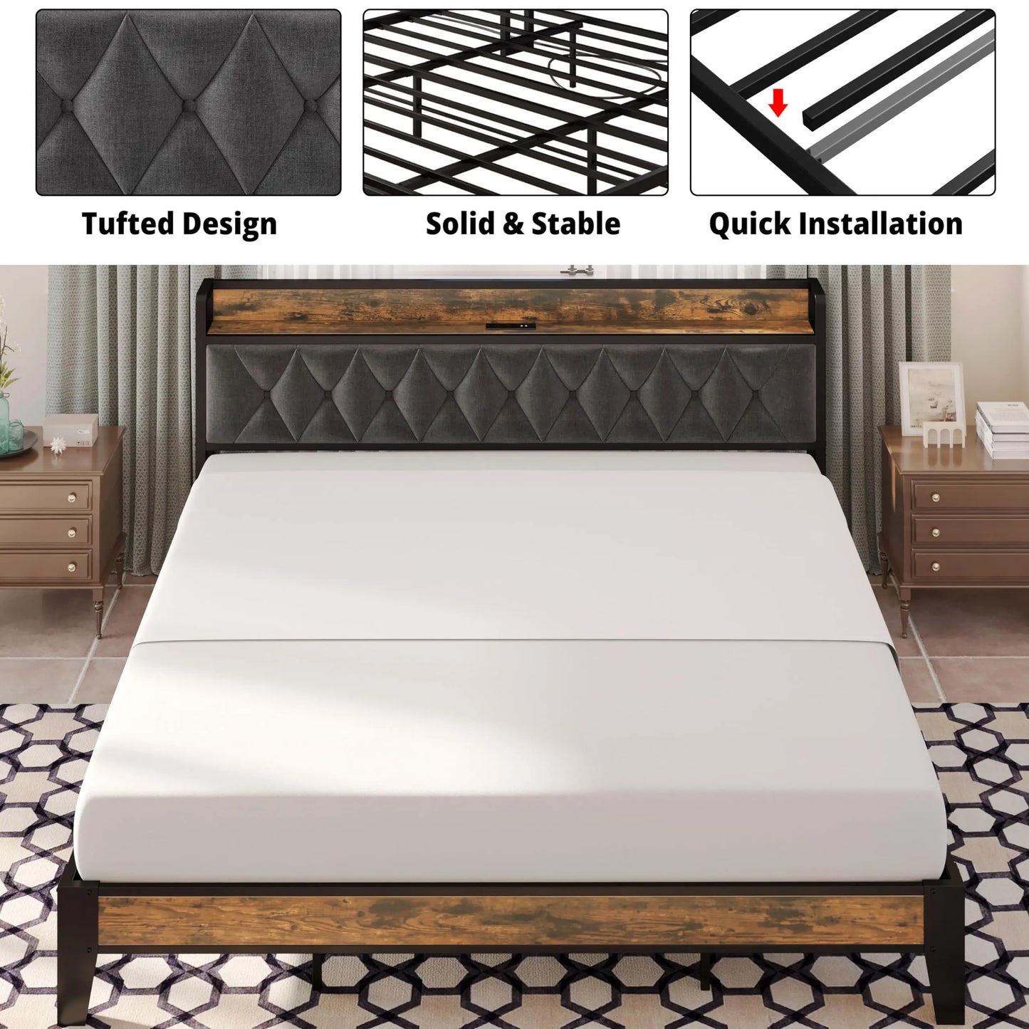 ANCTOR Storage Headboard Bed Frame With Outlets Quiet Design