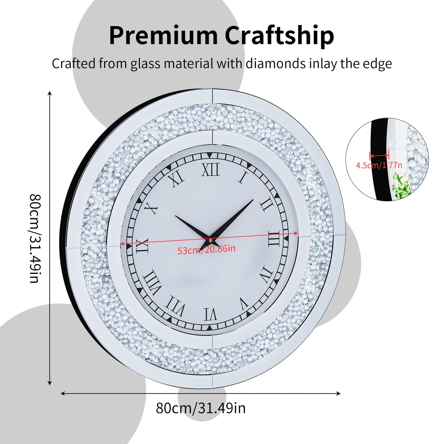 Round Mirror Clock With Crystal Sparkle Accents For Wall Decor