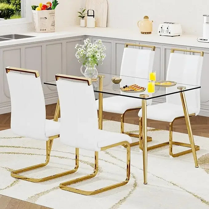 5 Piece Dining Set With Tempered Glass Table PU Chairs