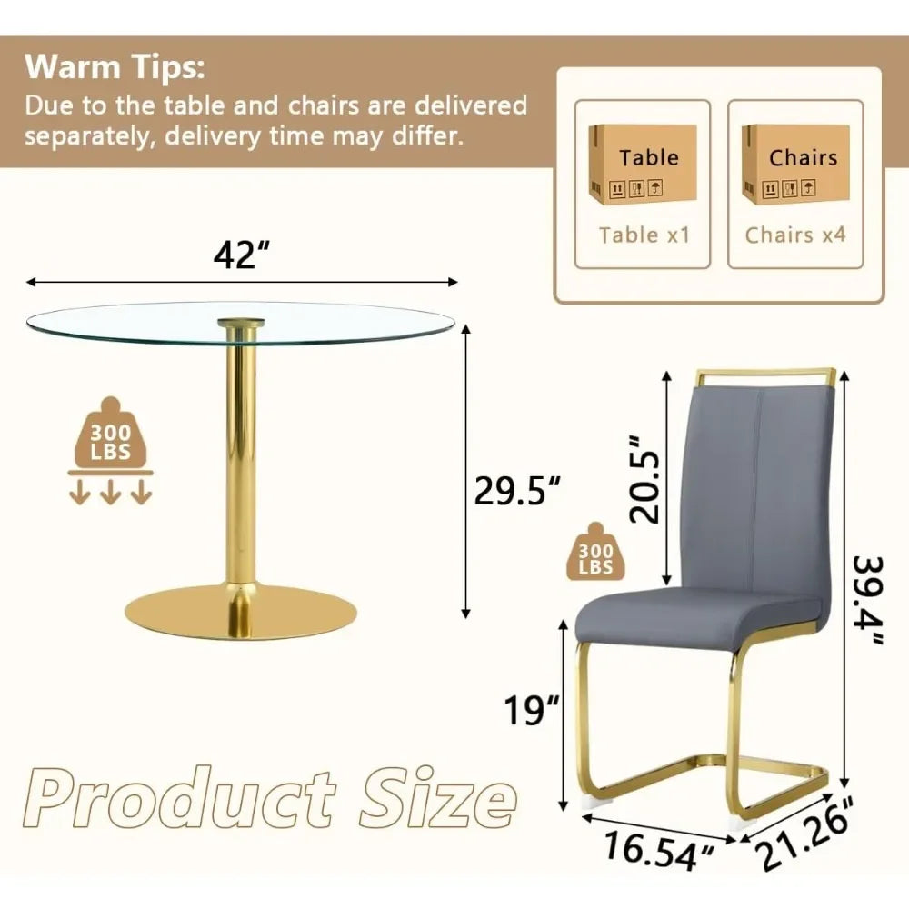 Round Glass Dining Table Set For Four With Metal Legs