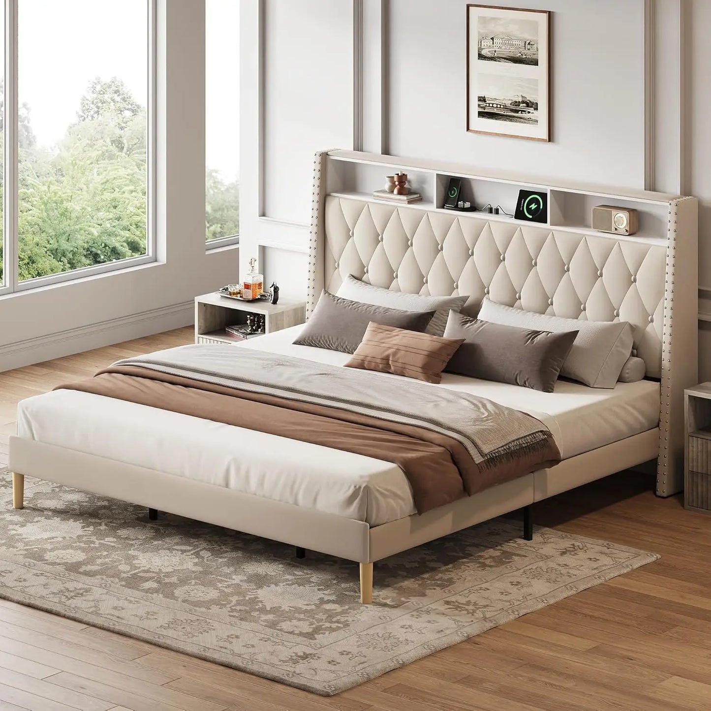 Upholstered Velvet Bed Frame With Wingback Headboard And Charging Station