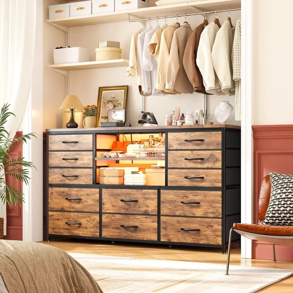 LED Light & Power Outlet Equipped 12-Drawer Dresser TV Stand for 60'' TV Bedroom Fabric Dressers  Chest for Storage Customized