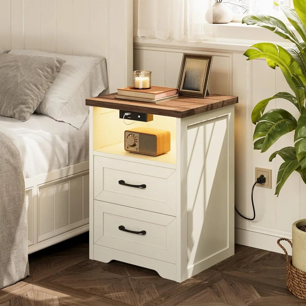 Farmhouse Nightstand Set of 2 With LED Lights and USB