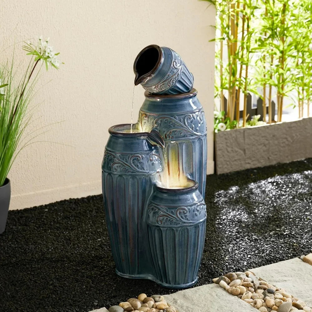 Outdoor Ceramic Fountain With LED Lights And Water Pump