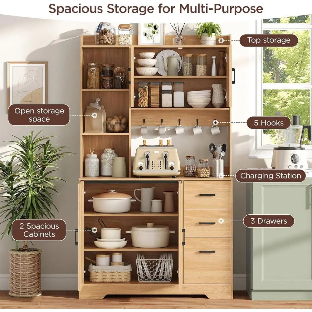68 Tall Pantry Cabinet with Charging Station, 3 Drawers, 2 Cabinets, Open Shelves, Wood Hutch for Kitchen, Dining, or Living Roo
