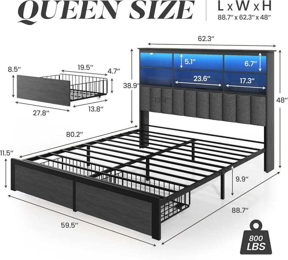 Queen Bed Frame With Storage Headboard And Charging Station