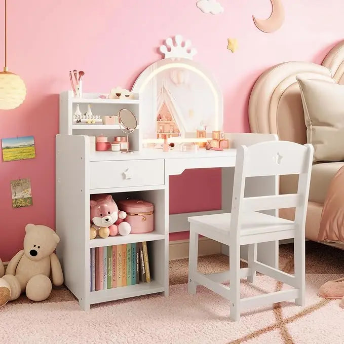 HiMISS Kids Vanity With Lights Princess Makeup Desk And Chair