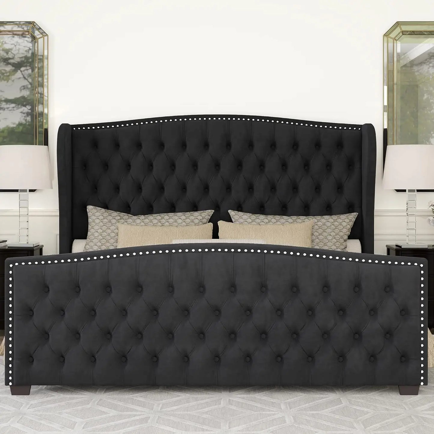 Velvet Platform Bed Frame With Deep Button Tufted Headboard Nailhead Trim