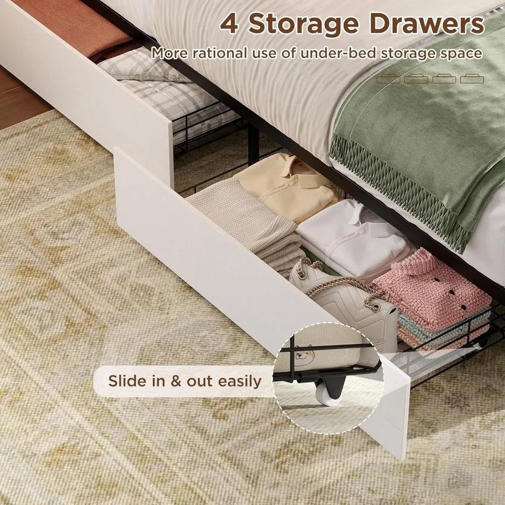 XIAOLANG Farmhouse Bed Frame With Four Drawers And Bookcase Headboard