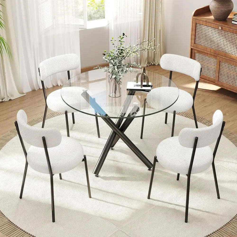 Round Glass Dining Table Set With Boucle Upholstered Chairs 5 Piece