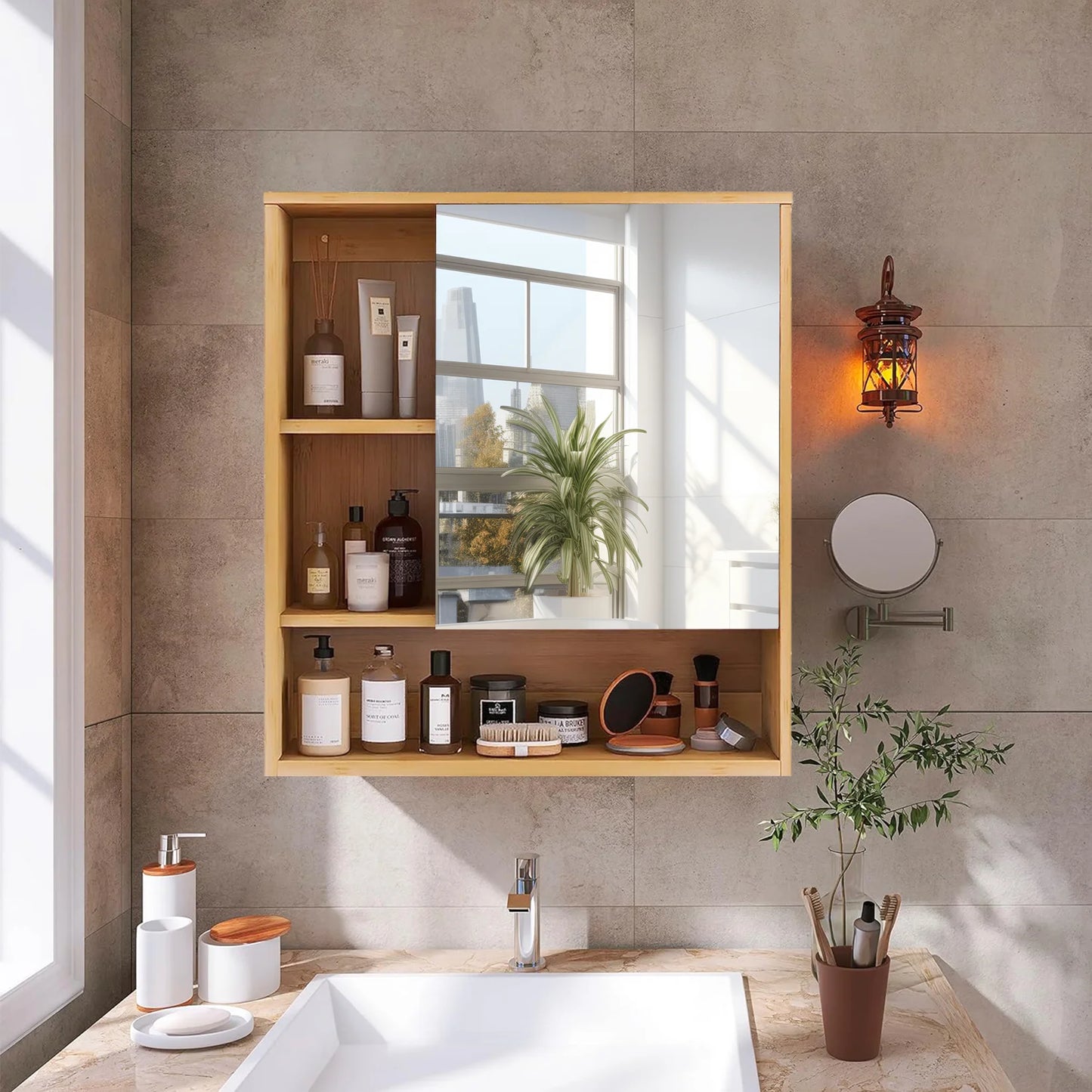 Natural Bamboo Wall Bathroom Medicine Cabinet With Five Shelf Storage