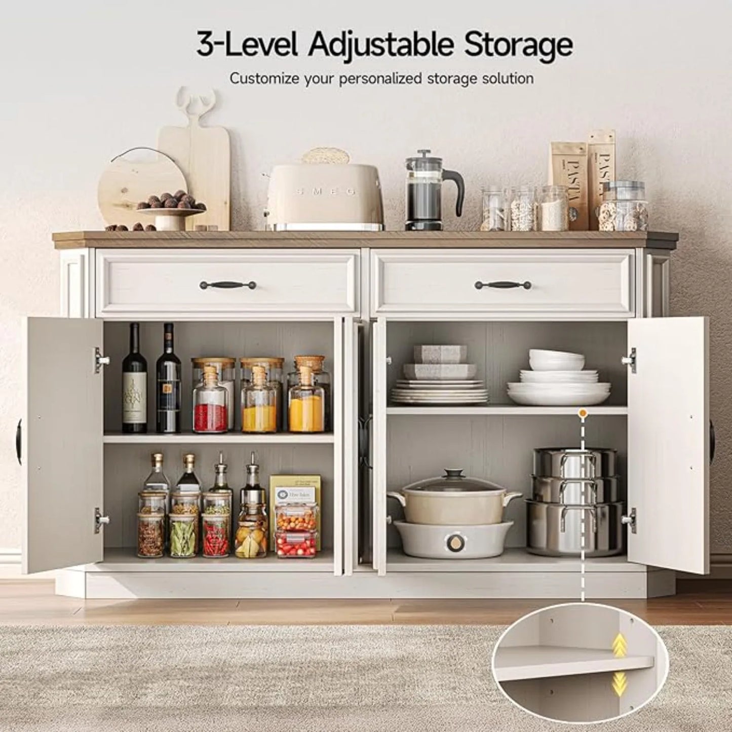 55" Sideboard Buet Cabinet with 2 Storage Ders & 4 Do, ern Kitchen Sideboards and Buets with Adjustable Shelves, Wood Coee Bar C